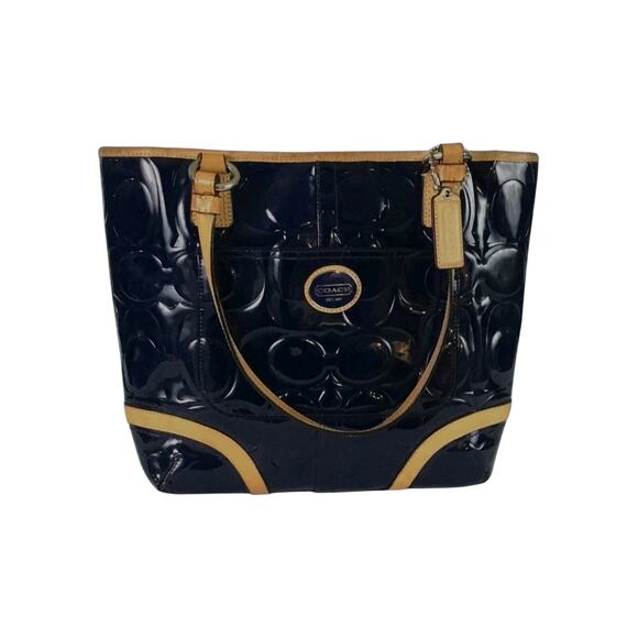 Coach Peyton Embossed Black Patent Leather HOBO Handbag F48166 Pre-Owned - Picture 1 of 2